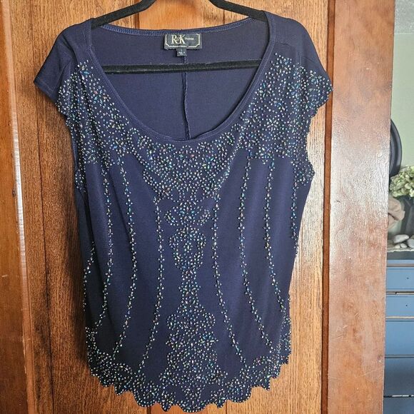Navy Embellished Scoop Neck Blouse Cap Sleeve Lightweight Top Women’s Large L - Picture 1 of 6